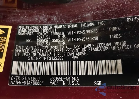 2015 Toyota Highlander Xle V6 z USA, uszkodzony, nr VIN 5TDJKRFH4FS139389